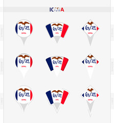 Iowa flag, set of location pin icons of Iowa flag.