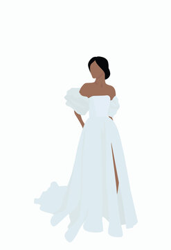 Young attractive girl in a wedding long dress. White dress with a slit. Vector flat image. Design for cards, posters, invitations, backgrounds, textiles, avatars, templates.