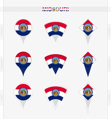 Missouri flag, set of location pin icons of Missouri flag.