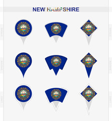 New Hampshire flag, set of location pin icons of New Hampshire flag.