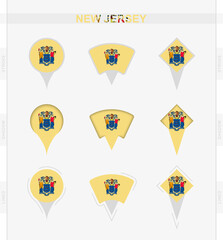 New Jersey flag, set of location pin icons of New Jersey flag.