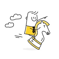 Stickman, businessman riding a chess knight, strategy, strategic move in business concept.