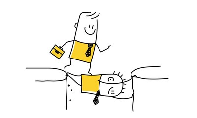 Stickman. Strong business manager uses himself as a human bridge for others to bridge the cliff.