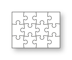 Puzzle pieces set. Jigsaw outline grid. Scheme of thinking game. Modern background with mosaic shapes. Cutting template with 12 details. Simple frame tiles. Vector illustration.
