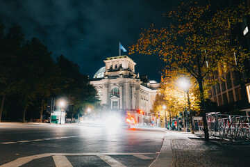 Reichstag building at night - German Parliament (Deutscher Bundestag), Berlin, Germany. Side view.