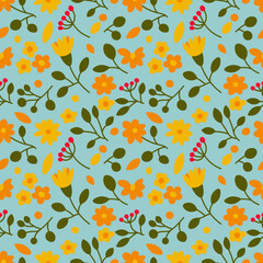 Seamless floral pattern in orange, yellow, blue and green colours. Repetitive background with different flowers, leaves and branches. Backdrop with plants drawn in a simple and modern style. 