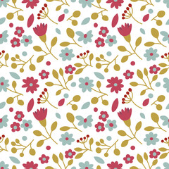 Seamless floral pattern in blue, white, green and pink colours. Repetitive background with different flowers, leaves and branches. Backdrop with plants drawn in a simple style. Surface design.