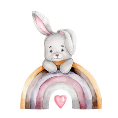 Cute little bunny on rainbow; watercolor hand drawn illustration; with white isolated background - obrazy, fototapety, plakaty