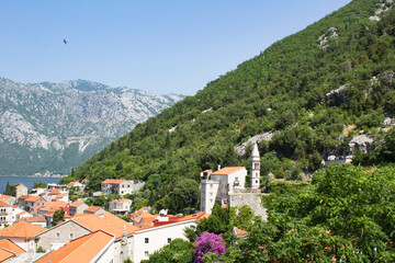 Panoramic view of the city and bay on the sunny day. Perast. Montenegro.