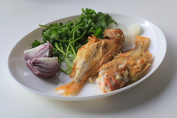 White background. Fried coral fish on plate