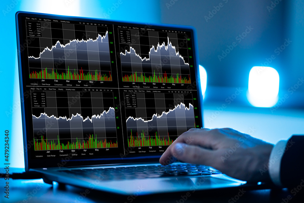 Poster Stock Trader Man Using Laptop Computers