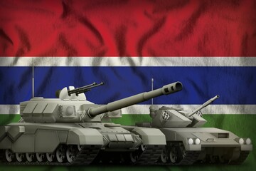 Gambia tank forces concept on the national flag background. 3d Illustration