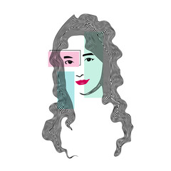 Line art of woman face with long hair in wavy abstract style. Vector illustration