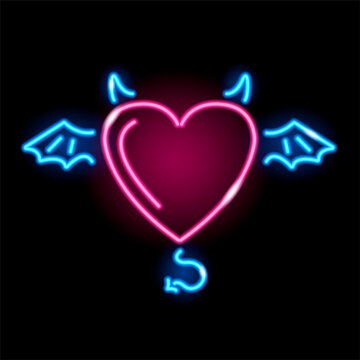 Neon heart with horns, wings and tail icon isolated on black background. Love, passion, demon, devil, Valentines Day concept. Vector 10 EPS illustration.