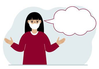 Woman with medical mask and blank thoughts, speech bubble. Hands are spread apart. Place for your text.