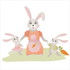 Funny rabbit mother with little rabbits in cartoon style. Hare is a farmer. Vector illustration isolated on white background.
