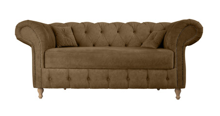 Brown sofa on wooden legs isolated. Chocolate brown couch isolated. Upholstered furniture for the living room