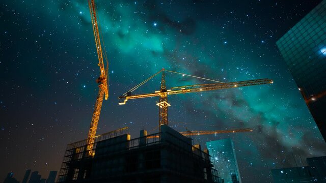 Big cranes in a city centre against a beautiful starry night sky. Tower cranes.