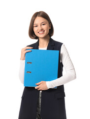Obraz premium Beautiful young woman with folder on white background