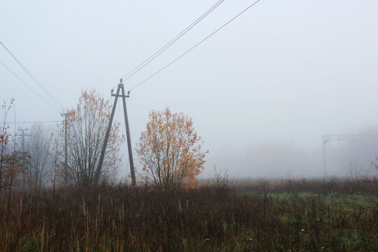 landscape with fog. telegraph pole tree and far in the fog railroad.