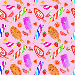 Watercolor seamless pattern ice cream on a pale pink background , wrapping paper, textile, wallpaper 