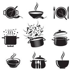 collection of soup icon with bowl and pan isolated on white background