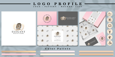 minimalist woman head logo branding with pattern and icon set