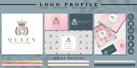 minimalist woman head logo branding with pattern and icon set