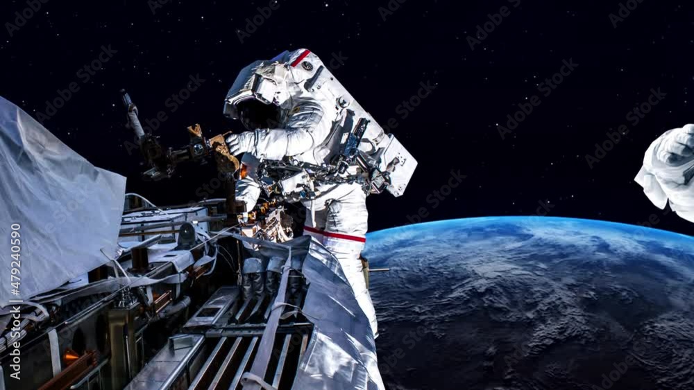 Wall mural astronaut spaceman do spacewalk while working for spaceflight mission at space station . astronaut w