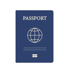 Passport template with blue cover and gold elements. Travel pass. The document has a simple globe icon. Vector illustration