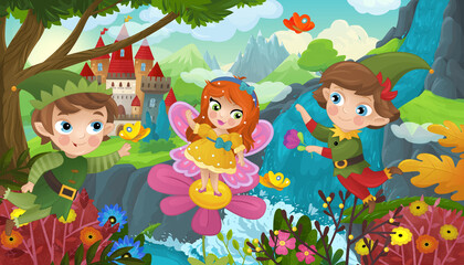 cartoon scene with nature forest cute elf near waterfall and castle