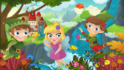 cartoon scene with nature forest cute elf near waterfall and castle