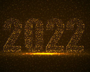 Happy New Year 2022 text design with glowing particles. Holiday vector illustration