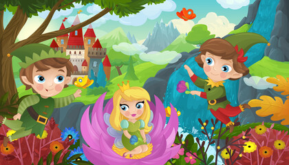 Naklejka premium cartoon scene with nature forest cute elf near waterfall and castle