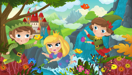 cartoon scene with nature forest cute elf near waterfall and castle