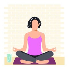 The woman sitting in the lotus position is practicing meditation, is happy and feels great, radiating positive feminine energy. Yoga practice. Vector.