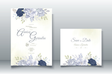 Fototapeta na wymiar Elegant wedding invitation card with navy blue floral and leaves template Premium Vector 