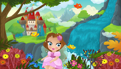Fototapeta na wymiar cartoon scene with nature forest cute elf near waterfall and castle