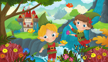 cartoon scene with nature forest cute elf near waterfall and castle