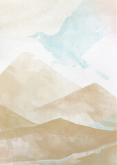 Watercolor background for design, posters, printing. Mountains and clouds of light beige shades.