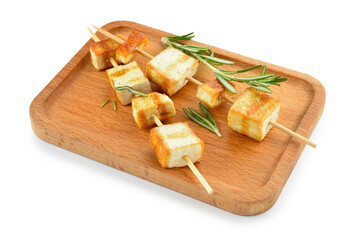 Board with grilled tofu cheese skewers on white background