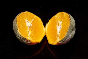 Fototapeta na wymiar Moldy orange cut in half on a dark background, green mold texture, selective focus. Not fresh, but rotten fruit.