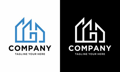 Abstract vector logo combining house and letter GH vector template. on a black and white background.