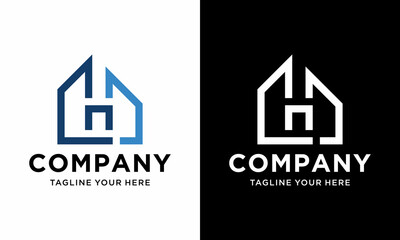 Abstract vector logo combining house and letter H. on a black and white background.