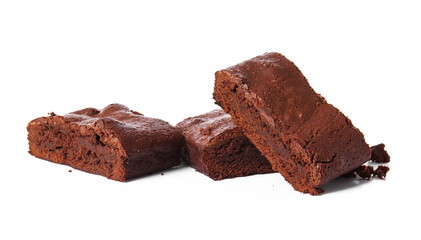 Pieces of tasty chocolate brownie isolated on white background