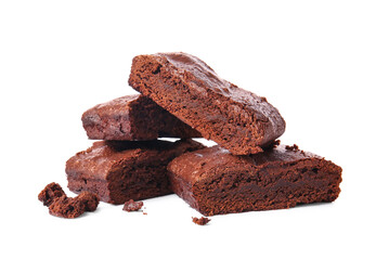 Pieces of tasty chocolate brownie isolated on white background