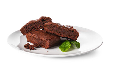 Plate with pieces of tasty chocolate brownie isolated on white background