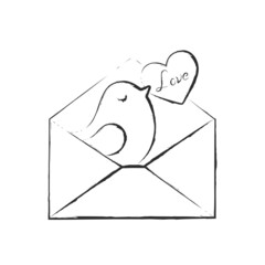 hand drawn bird in envelope with love message. love message. romantic and love symbol. element for valentines design