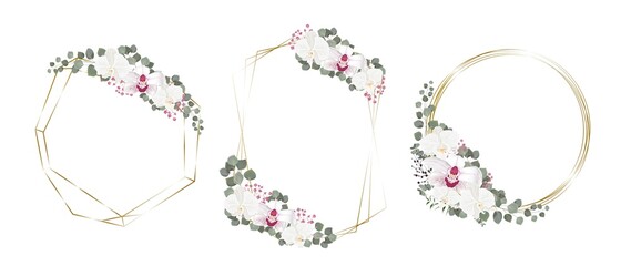 Vector set of floral frames. White and pink orchids, gypsophila, eucalyptus, golden frames. Elements for design on a white background.