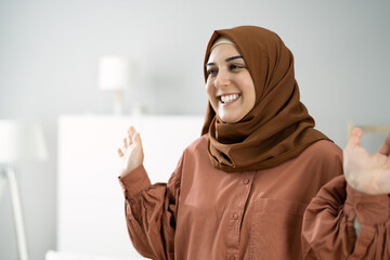 Excited Happy Young Woman Wearing Hijab